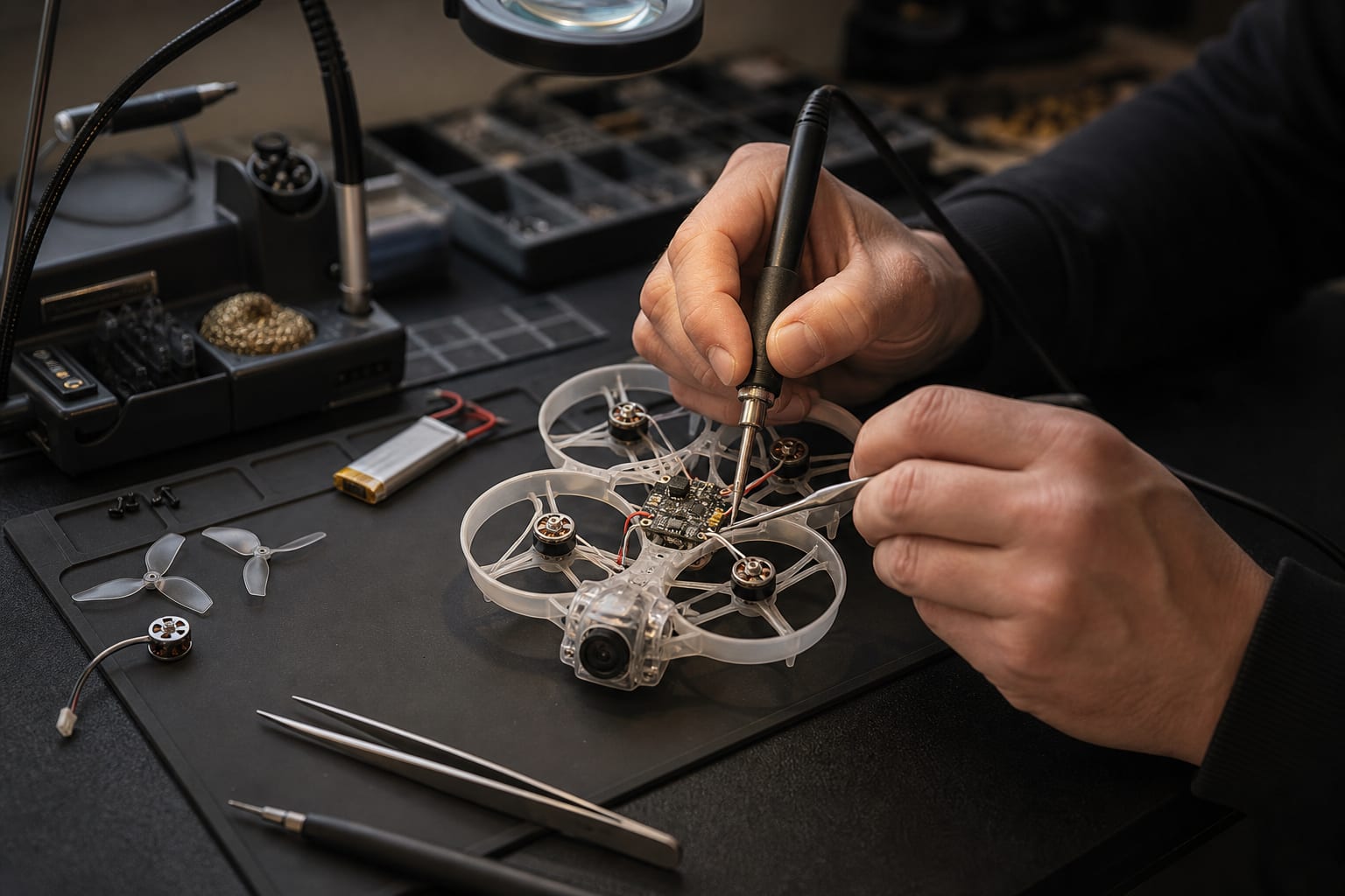 Handen die een brushless Tiny Whoop op een professionele elektronicawerkbank onderhouden.